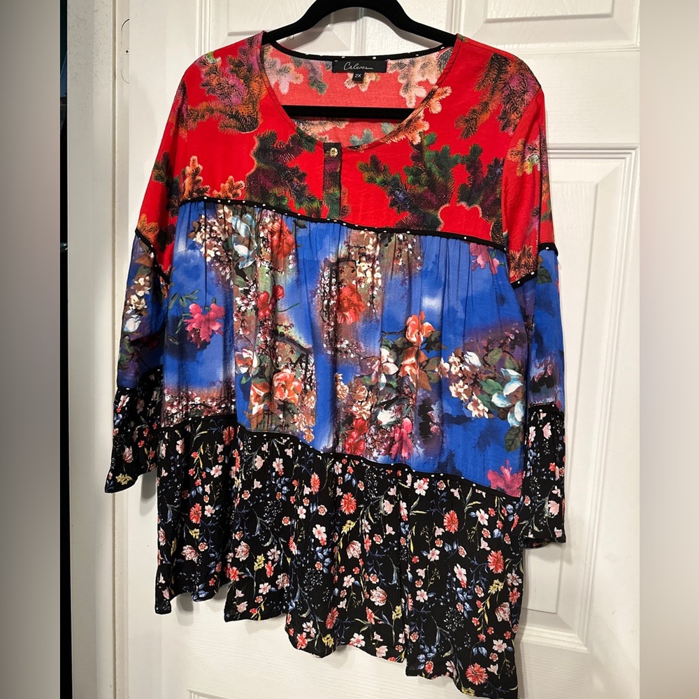 Caleaas 2X  Womens Floral Tiered Red Blue Ruffled Sleeve Boho Blouse Top